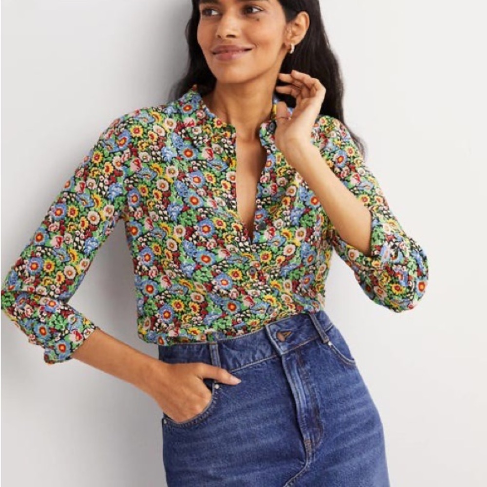 BODEN, 100% SILK SHIRT, MULTI, FLORA ILLUSION, SIZE 10R